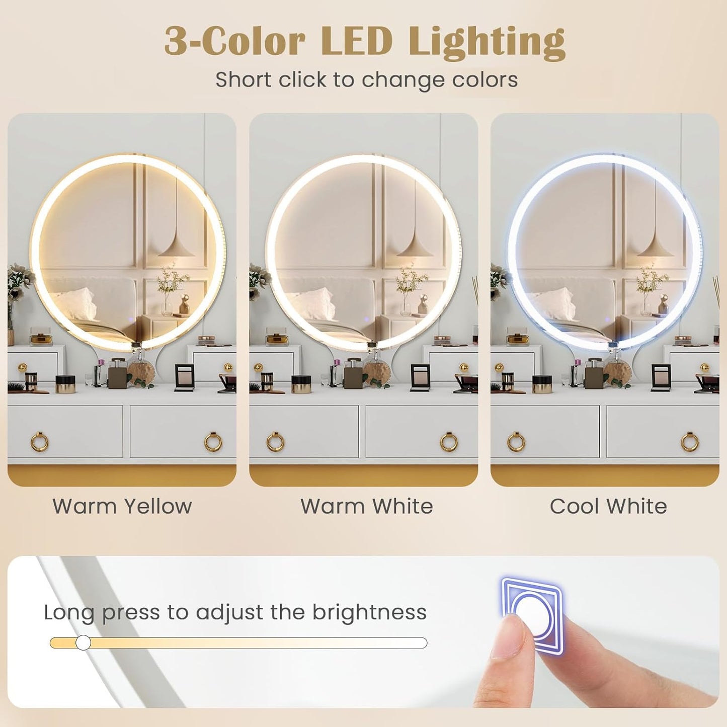 Vanity Set with Touch Screen Dimming Mirror, 3 Color Lighting Modes, Dressing Table with 4 Sliding Drawers, Modern Bedroom Makeup Table and Cushioned Stool Set for Women Girls (White)