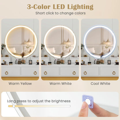 Vanity Set with Touch Screen Dimming Mirror, 3 Color Lighting Modes, Dressing Table with 4 Sliding Drawers, Modern Bedroom Makeup Table and Cushioned Stool Set for Women Girls (White)