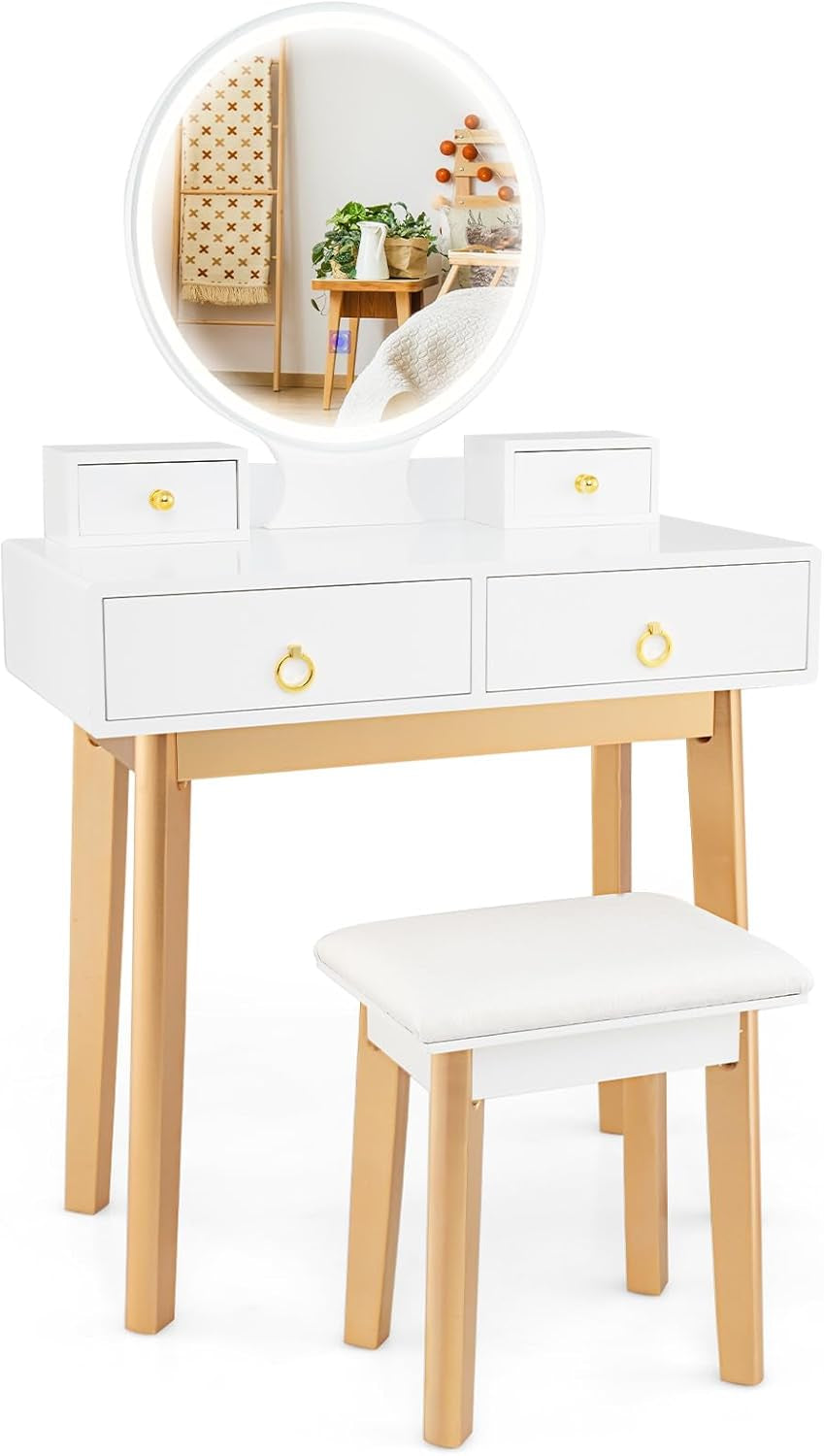 Vanity Set with Touch Screen Dimming Mirror, 3 Color Lighting Modes, Dressing Table with 4 Sliding Drawers, Modern Bedroom Makeup Table and Cushioned Stool Set for Women Girls (White)